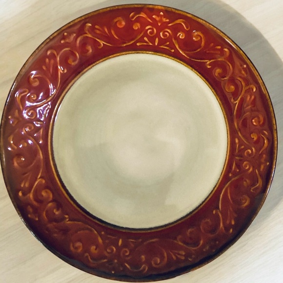 Pier 1 Imports Stoneware Red Scroll Pattern Dinner Plate Replacement Embossed - Picture 2 of 7